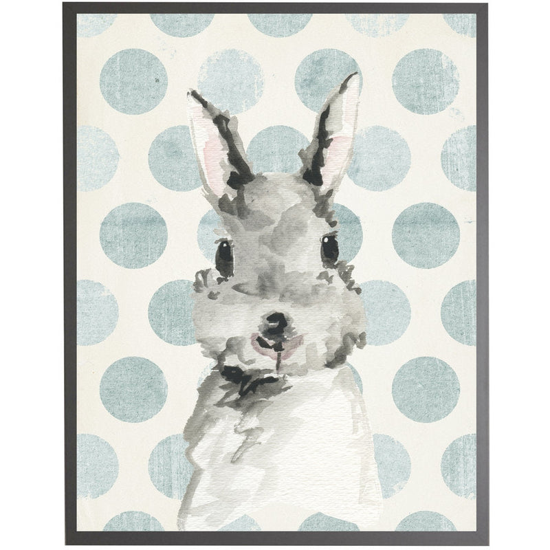 rectangle art print watercolor baby bunny rabbit grey wood frame blue dots