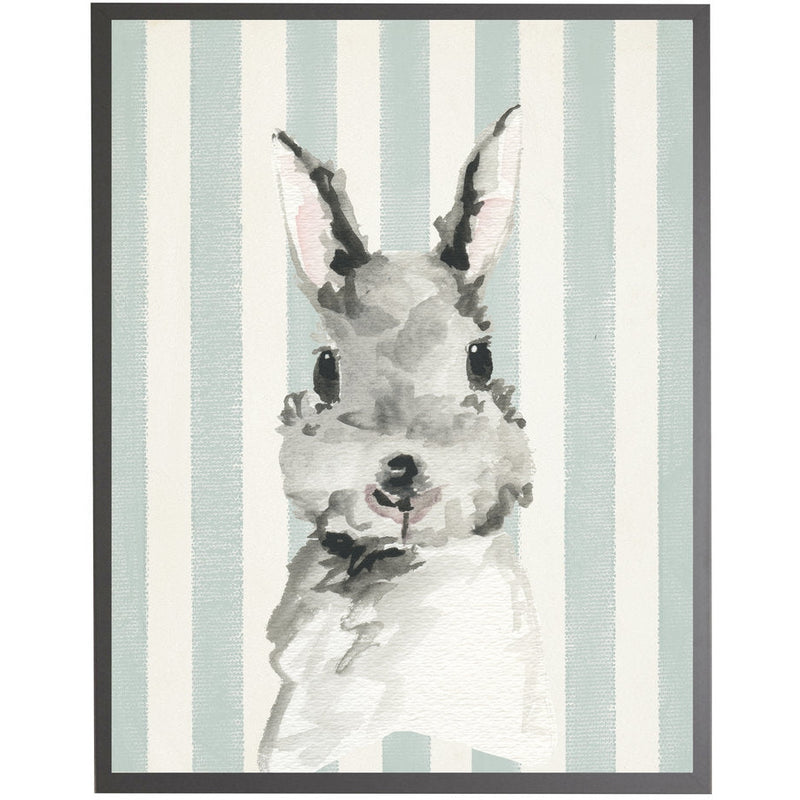 rectangle art print watercolor baby bunny rabbit grey wood frame blue stripes