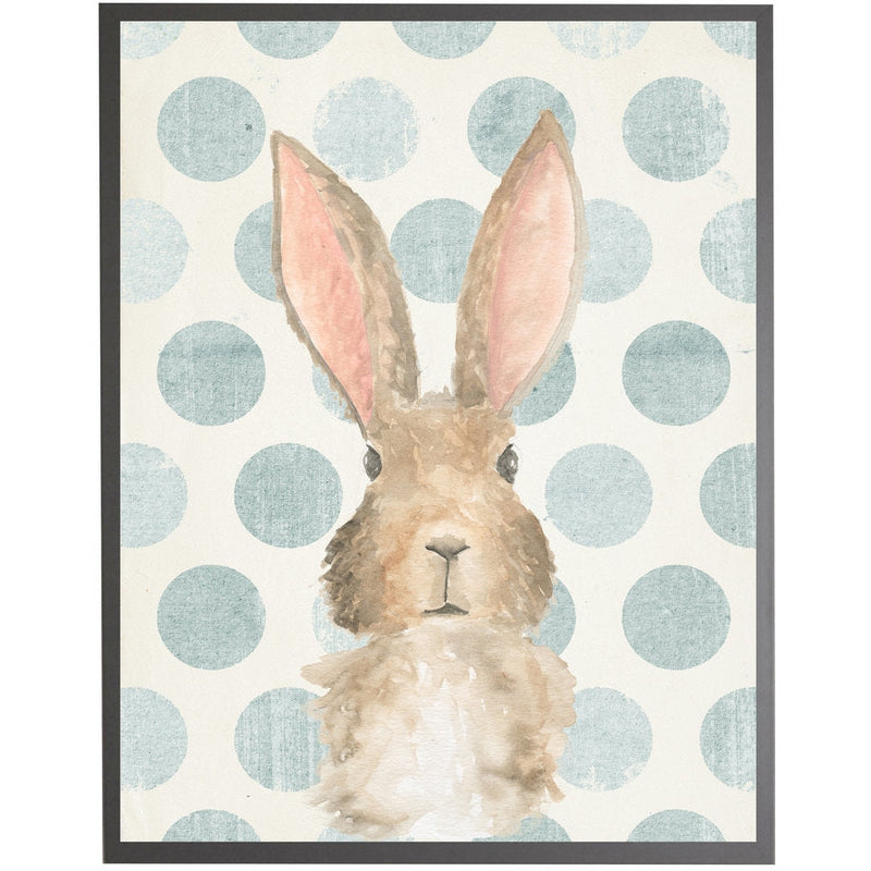 rectangle art print watercolor baby bunny rabbit grey wood frame blue dots