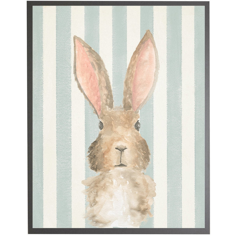 rectangle art print watercolor baby bunny rabbit grey wood frame blue stripes