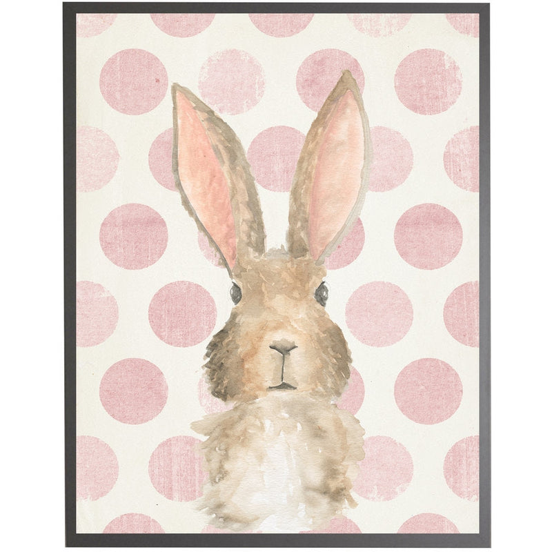 rectangle art print watercolor baby bunny rabbit grey wood frame pink dots