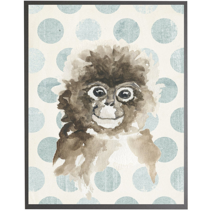 rectangle art print watercolor baby monkey grey wood frame blue dots