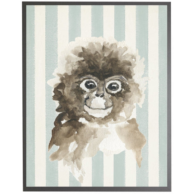 rectangle art print watercolor baby monkey grey wood frame blue stripes