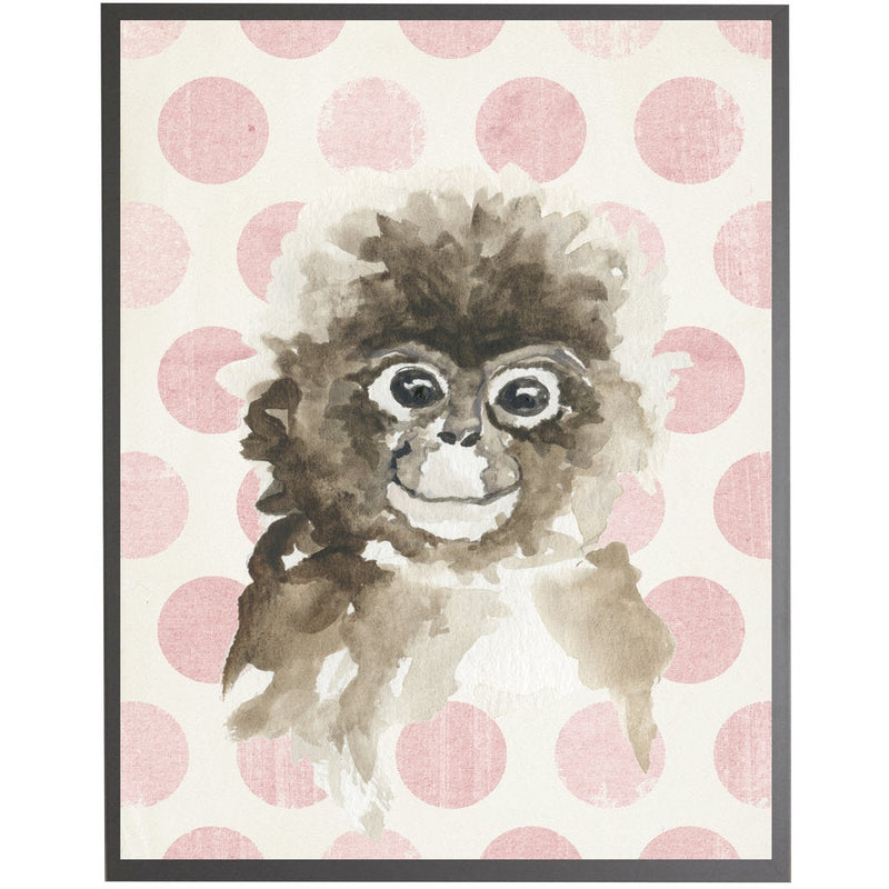 rectangle art print watercolor baby monkey grey wood frame pink dots
