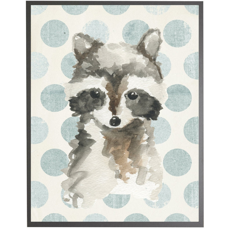 rectangle art print watercolor baby raccoon grey wood frame blue dots