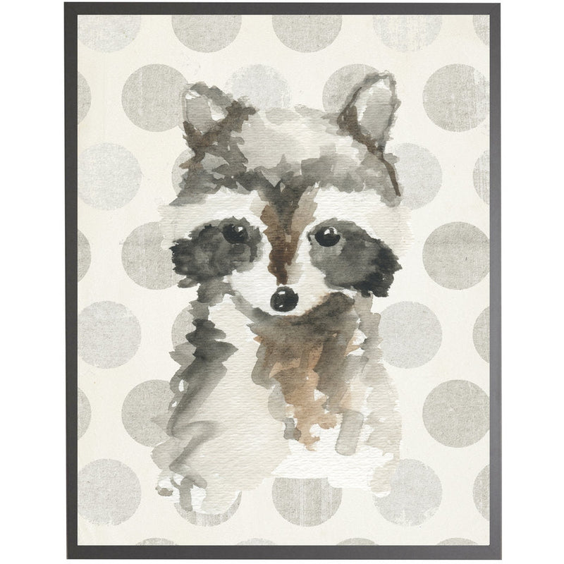 rectangle art print watercolor baby raccoon grey wood frame grey dots