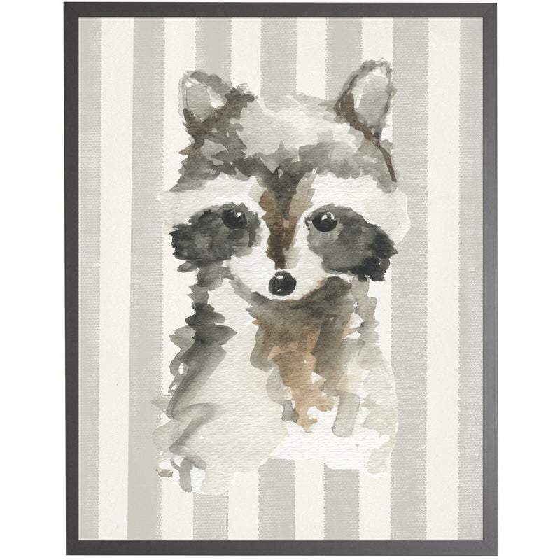 rectangle art print watercolor baby raccoon grey wood frame grey stripes