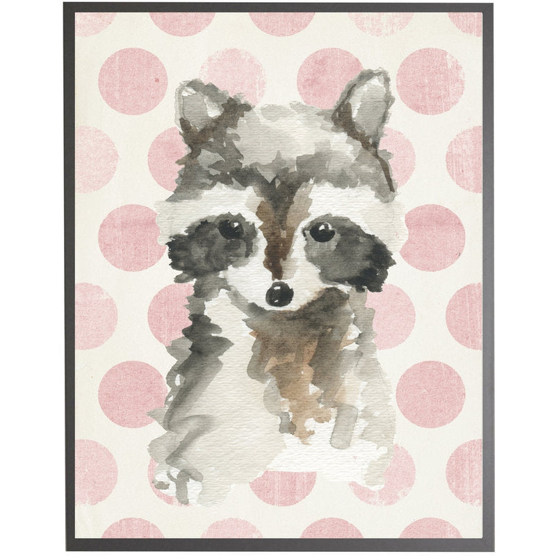 rectangle art print watercolor baby raccoon grey wood frame pink dots