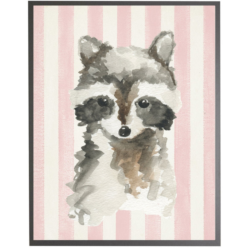 rectangle art print watercolor baby raccoon grey wood frame pink stripes