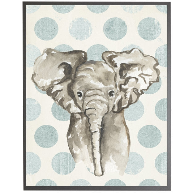 rectangle art print watercolor baby elephant grey wood frame blue dots
