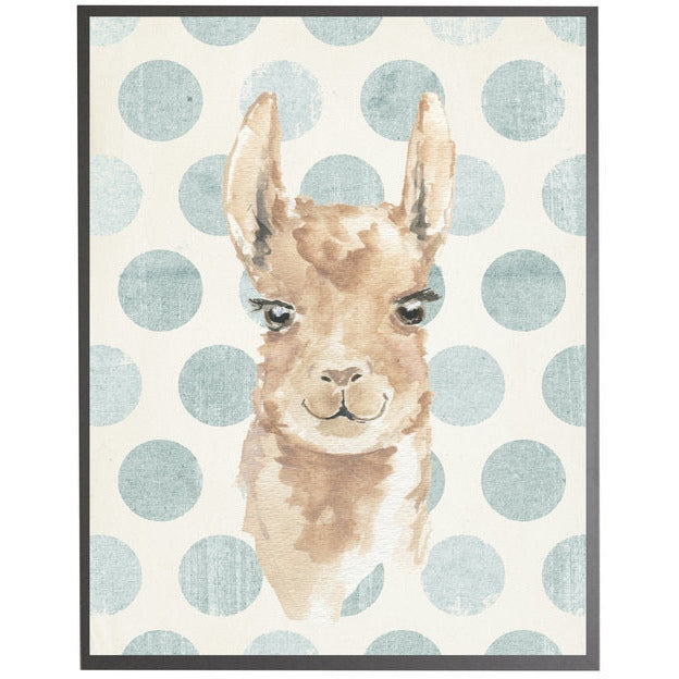 rectangle art print watercolor baby llama grey wood frame blue dots