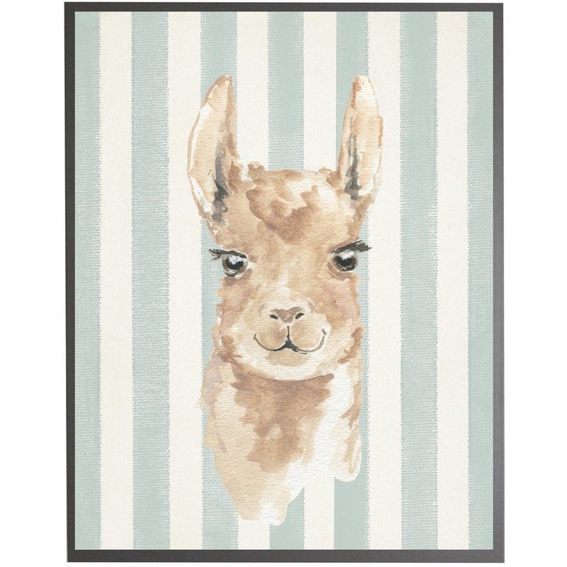 rectangle art print watercolor baby llama grey wood frame blue stripes