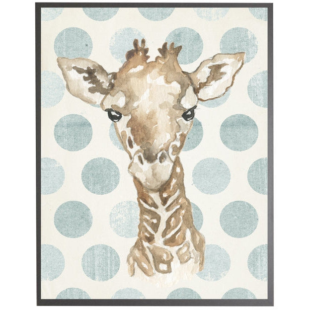 rectangle art print watercolor baby giraffe grey wood frame blue dots