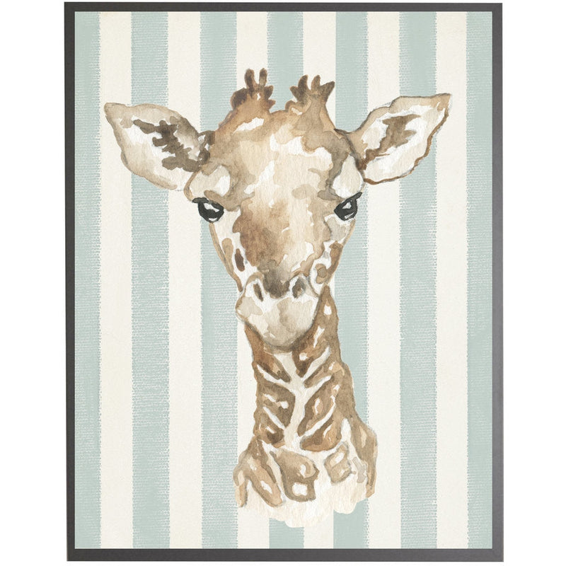 rectangle art print watercolor baby giraffe grey wood frame blue stripes