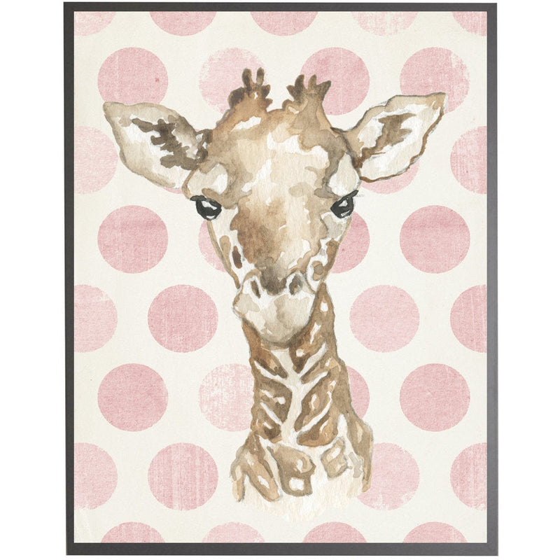 rectangle art print watercolor baby giraffe grey wood frame pink dots