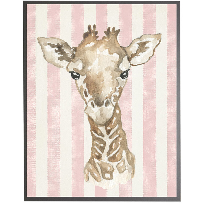 rectangle art print watercolor baby giraffe grey wood frame pink stripes