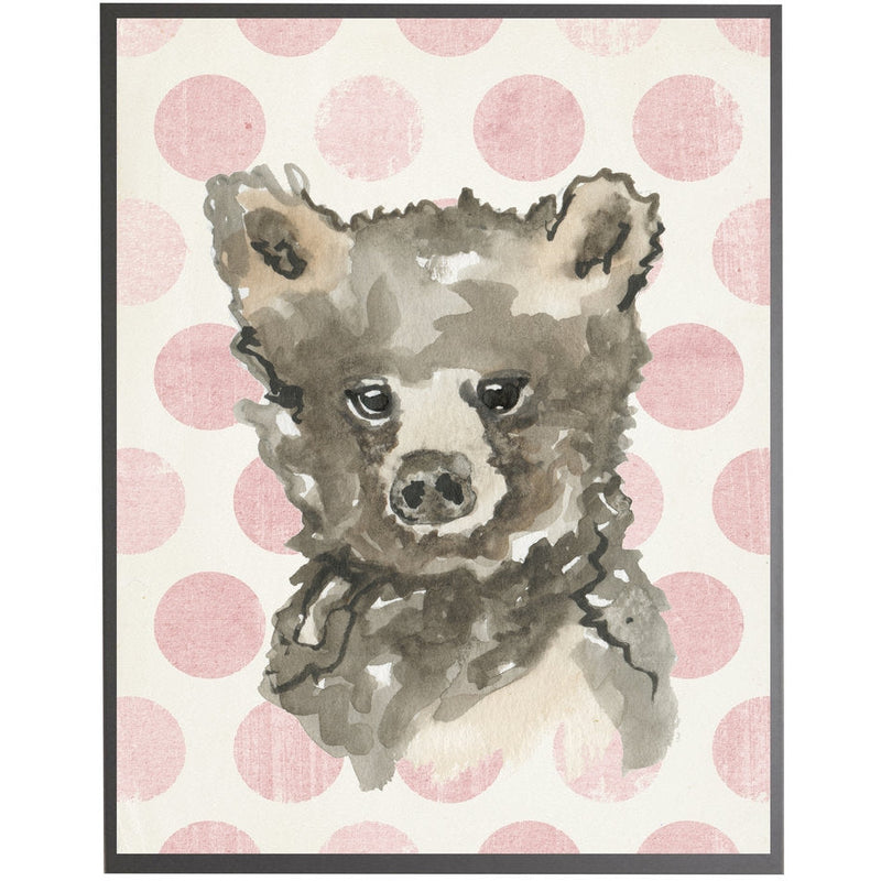 rectangle art print watercolor baby bear grey wood frame pink dots