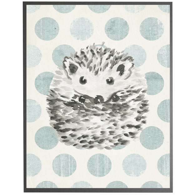 rectangle art print watercolor baby hedgehog grey wood frame blue dots