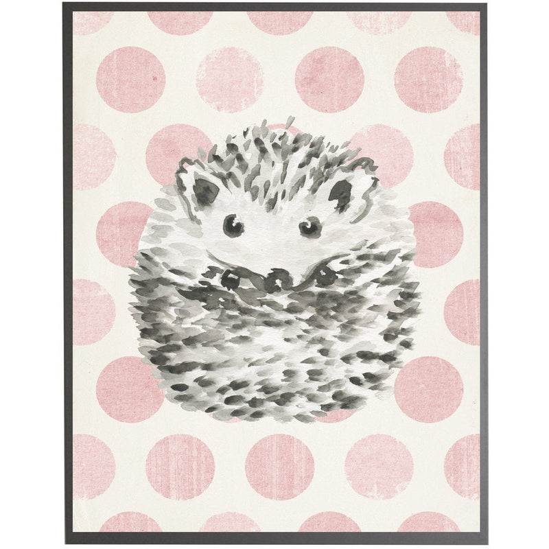 rectangle art print watercolor baby hedgehog grey wood frame pink dots