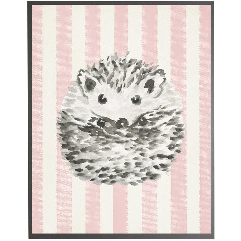 rectangle art print watercolor baby hedgehog grey wood frame pink stripes
