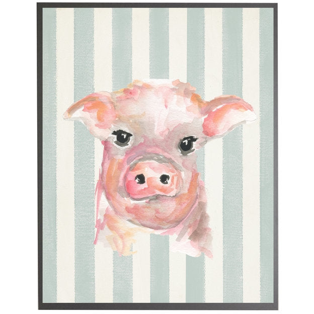 rectangle art print watercolor baby pig grey wood frame blue stripes