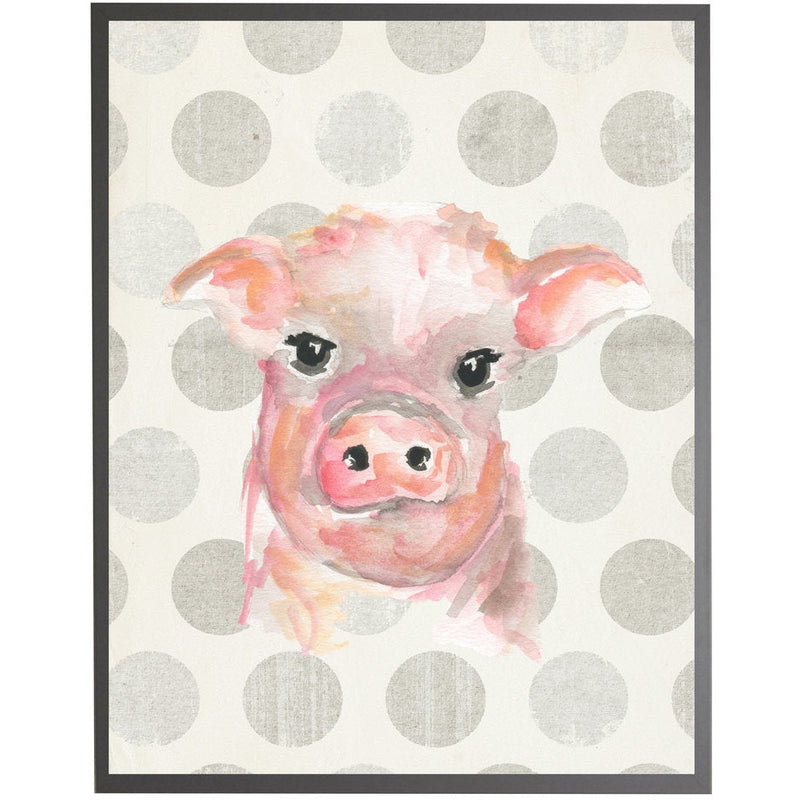 rectangle art print watercolor baby pig grey wood frame grey dots