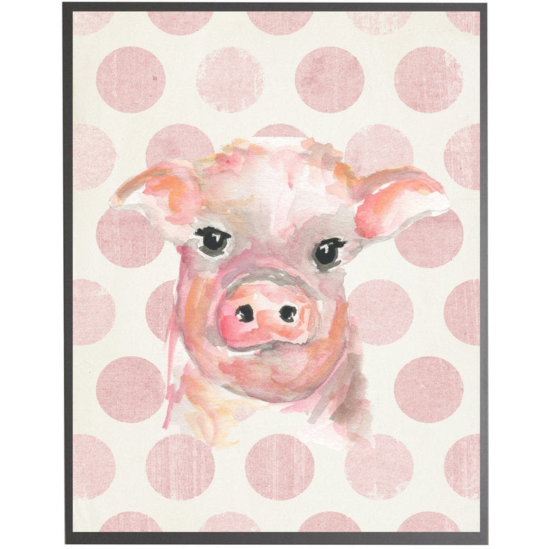 rectangle art print watercolor baby pig grey wood frame pink dots
