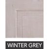A close-up of the hand-finished surface in Winter Grey color features the text "WINTER GREY" below, showcasing the customizable design of the Phillips Scott Cavalier Round Dining Table - 72".
