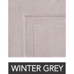 A close-up of the hand-finished surface in Winter Grey color features the text "WINTER GREY" below, showcasing the customizable design of the Phillips Scott Cavalier Round Dining Table - 72".