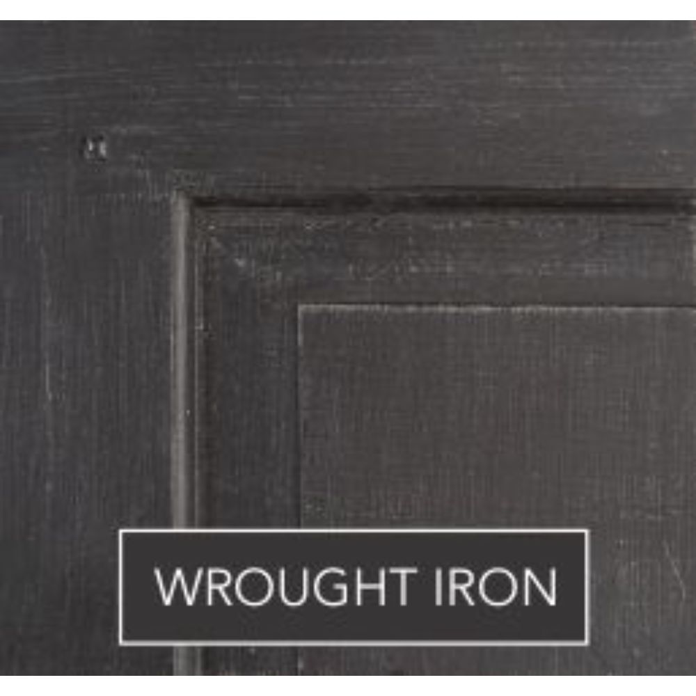 Close-up of a Regent Queen Caned Headboard by Phillips Scott, dark gray with "WROUGHT IRON" and asian oak accents.