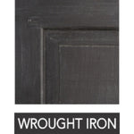 A sample of dark gray paint labeled "Wrought Iron," perfect for those seeking customization in their home's aesthetic, especially when paired with the hand-finished Cavalier Round Dining Table - 72" by Phillips Scott.