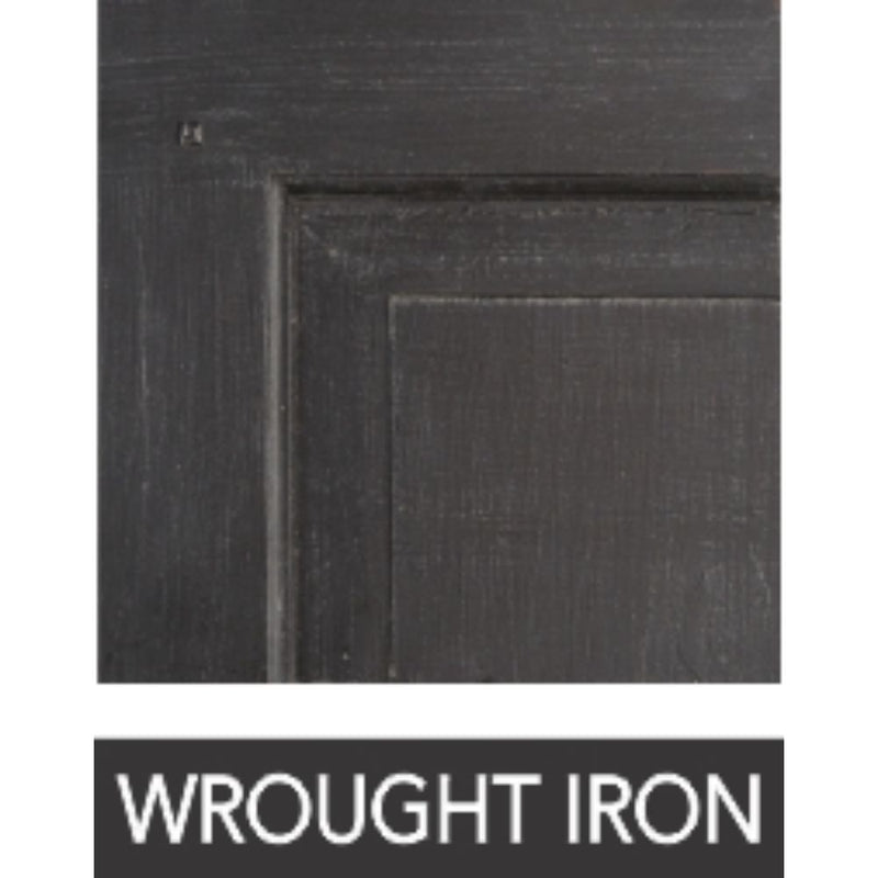 A sample of dark gray paint labeled "Wrought Iron," perfect for those seeking customization in their home's aesthetic, especially when paired with the hand-finished Cavalier Round Dining Table - 72" by Phillips Scott.