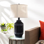black rattan-like metal outdoor table lamp