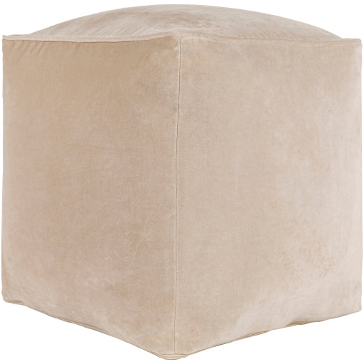 Surya's Cotton Velvet Beige Pouf, cube-shaped, placed against a plain white background.