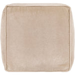Surya's Cotton Velvet Beige Pouf features soft fabric texture, subtle stitching, and a removable cover.