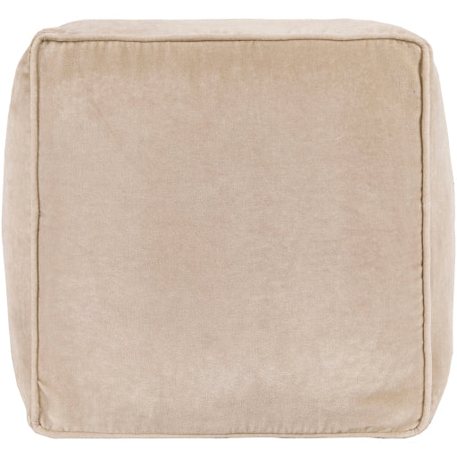Surya's Cotton Velvet Beige Pouf features soft fabric texture, subtle stitching, and a removable cover.