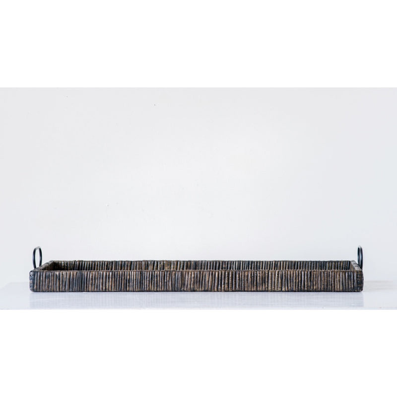 Large Rattan Tray with Metal Handles - Blackwashed