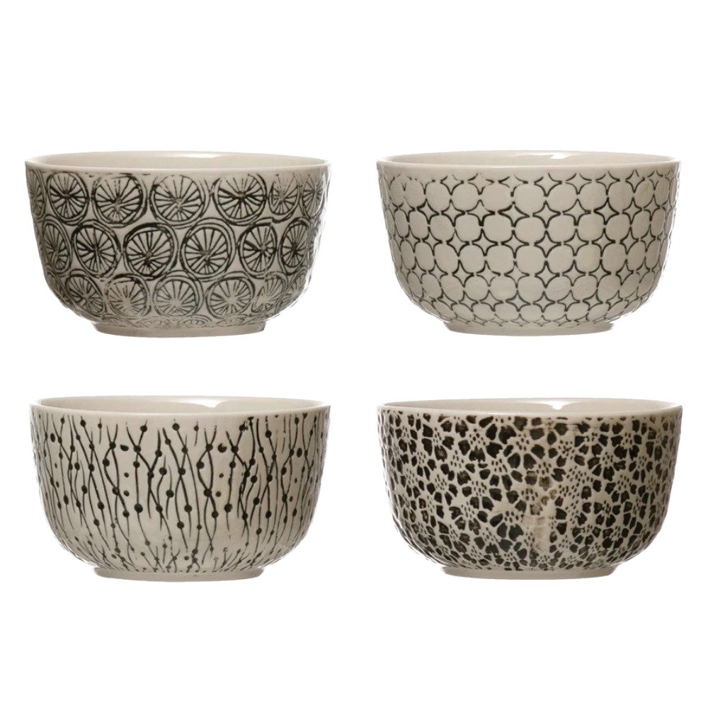 black cream patterned hand stamped bowls