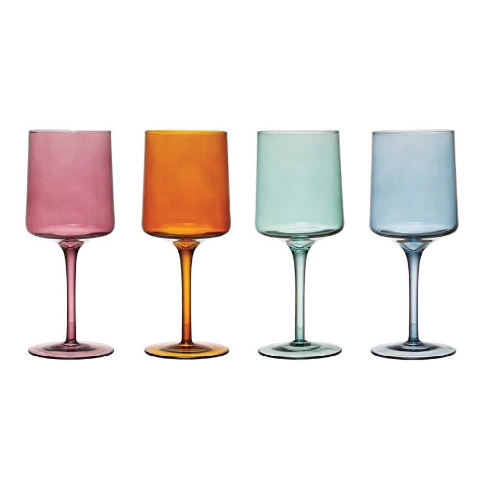colored glass stemmed wine glasses