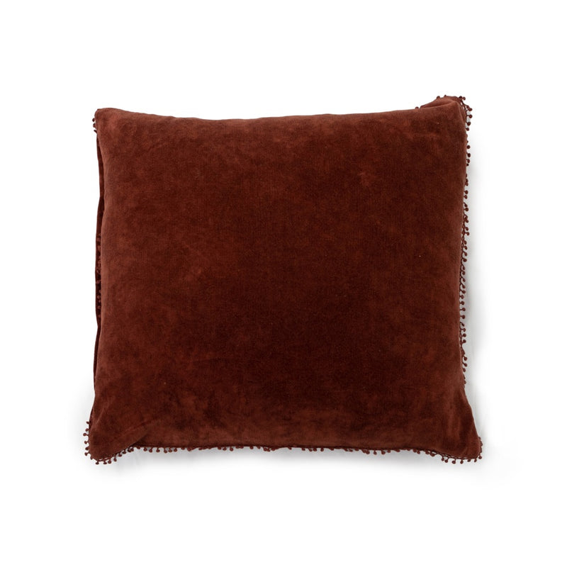 rust velvet pillow pom poms square