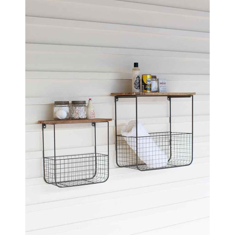 Wall Shelf - Wire Baskets - Recycled Wood - Set of 2