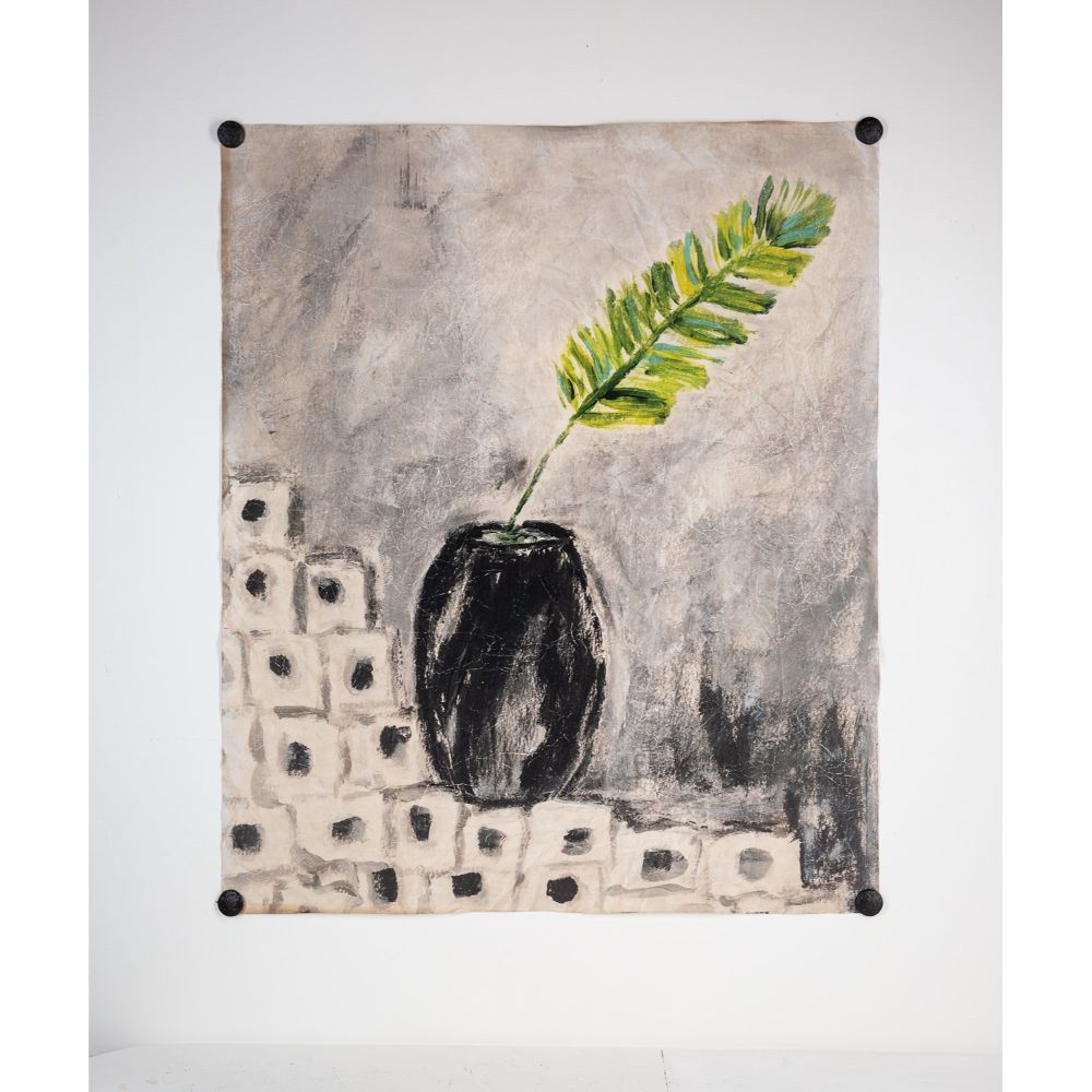 black vase white blocks paper wall art green fern